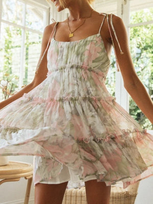 Resort-style Floral Print Multi-layered Ruffled Short Sundress