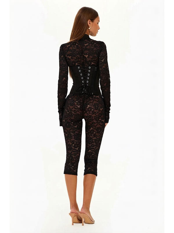 Lace-trimmed Cheongsam-style Fitted Bodycon Jumpsuit
