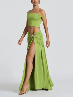 Off-shoulder Crop Top Tank Top And Fitted Side Slit Skirt Two-piece Set