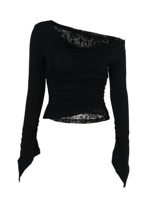 Embossing Slightly Transparent Jacquard Black One Shoulder T-shirts