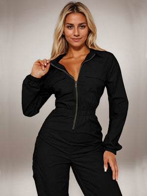 Flap Pocket Long Sleeve Waist Zipper Jumpsuits