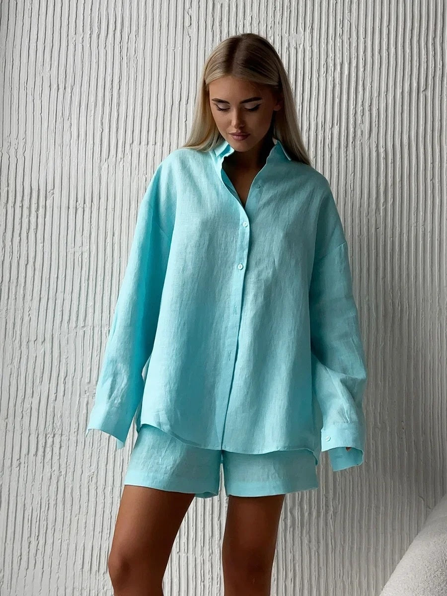 Loose-fit Long Sleeve Shirts Shorts Set 2-piece Sets
