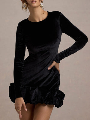 Velvet Round Neck, Three-dimensional Pleated Hem, Long Sleeves, Short Dress