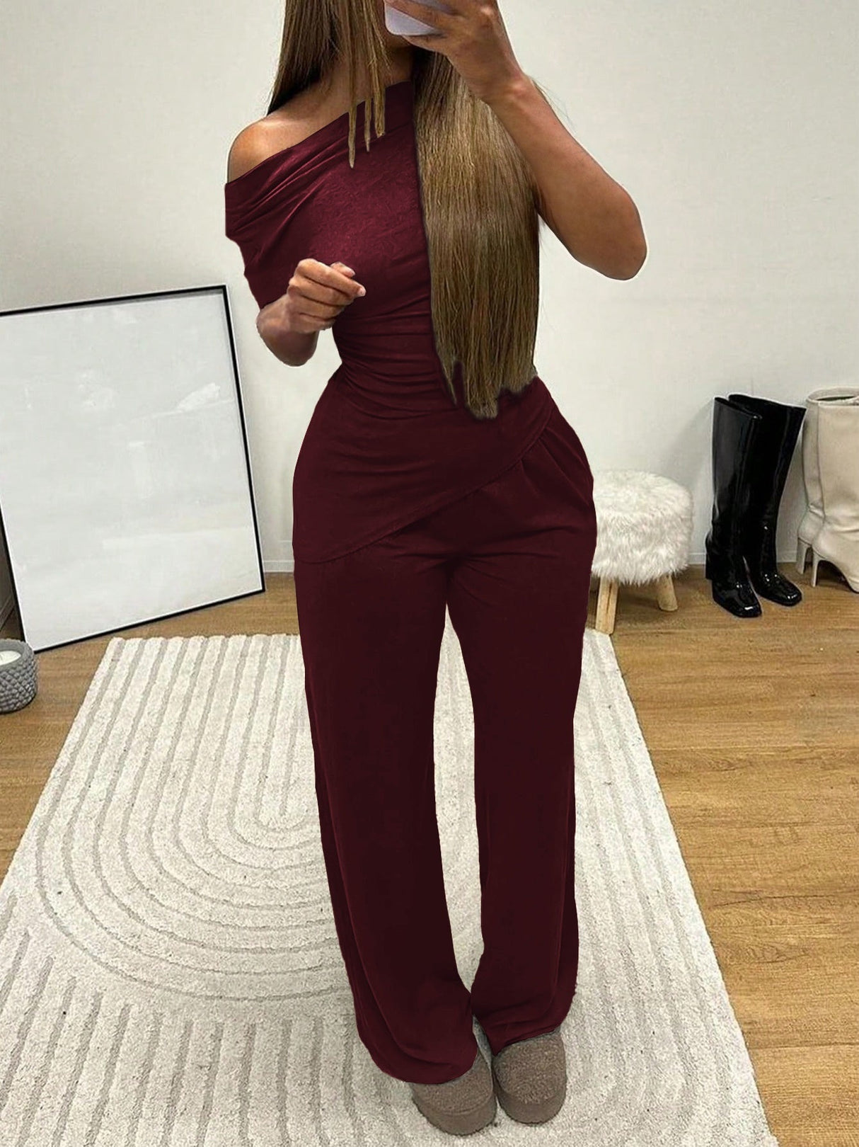 Off-shoulder Short-sleeved Trousers Two-piece Set