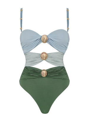 Solid Color Patchwork One-piece Swimsuit Cover-up Skirt Two-piece Set