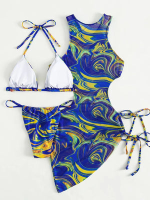 Hollow-out Drawstring Swimsuit Bikini Beach Cover-up Three-piece Set