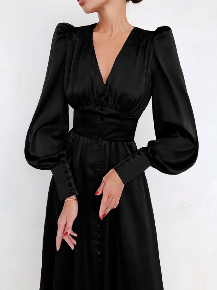 V-neck Satin Waist Retro Maxi Dresses