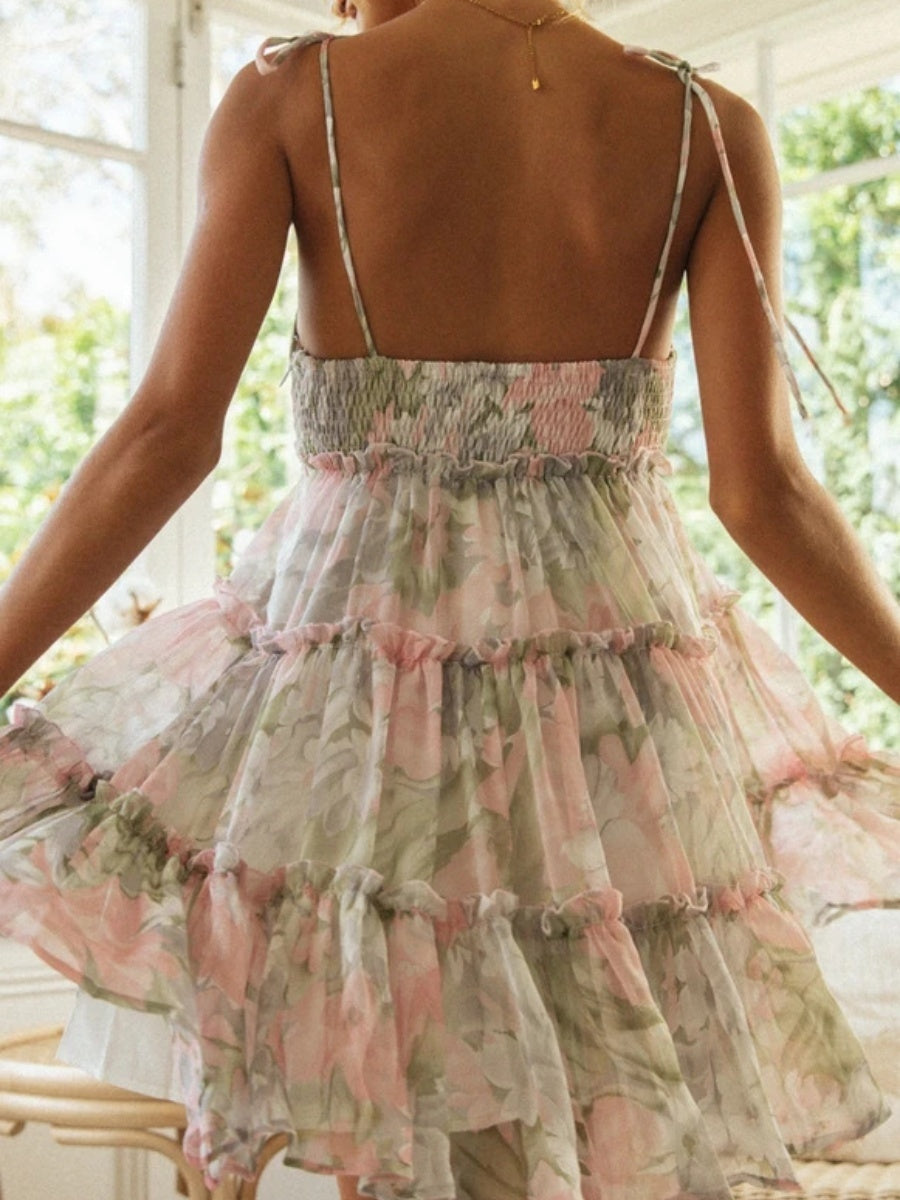 Resort-style Floral Print Multi-layered Ruffled Short Sundress