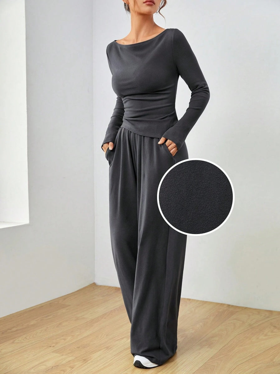 Pocket Solid Color Large Round Neck Long Sleeve Pants 2-piece Sets