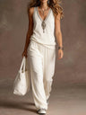 Two-piece Set With Visible Stitching: V-neck Sleeveless Wide-leg Pants And Vest