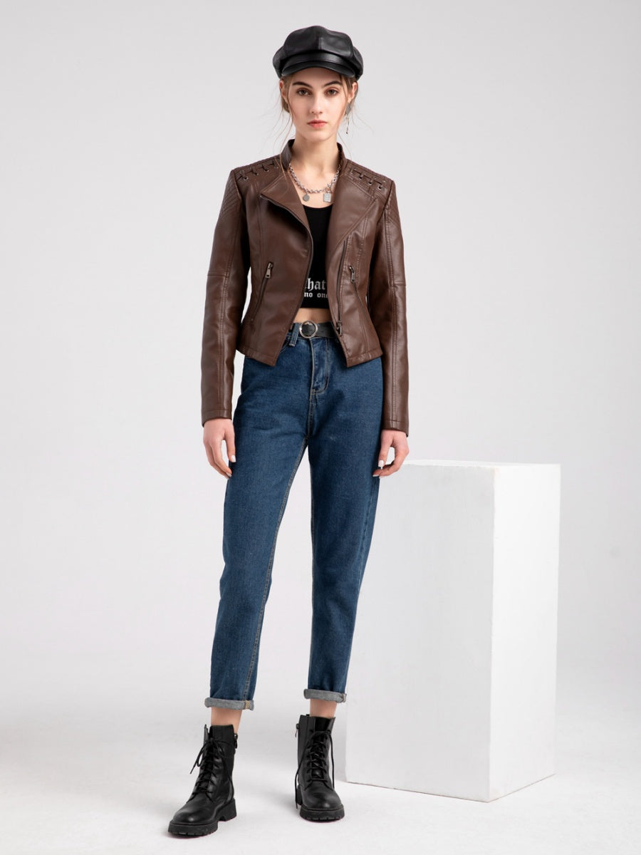 Short Slim Fit Thin Three-dimensional Decoration Leather Jacket