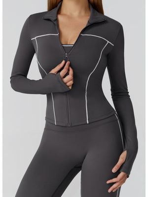 Veste de yoga bicolore en tissu brossé avec fermeture éclair, coupe-vent et ajustée
