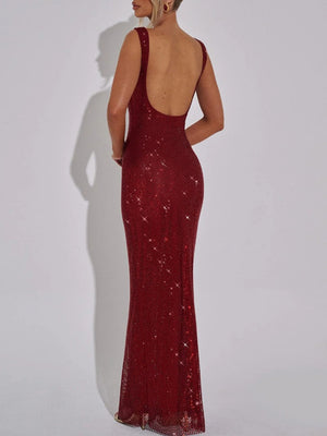 Sexy Double-strap Sequined Rhinestone Halter Top With Cinched Waist And Bodycon Silhouette Long Dress