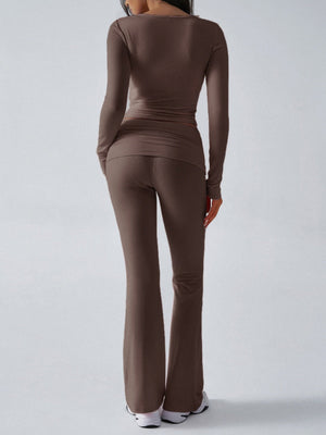 V-neck Long Sleeve Pants Pleated Navel Solid Color 2-piece Sets