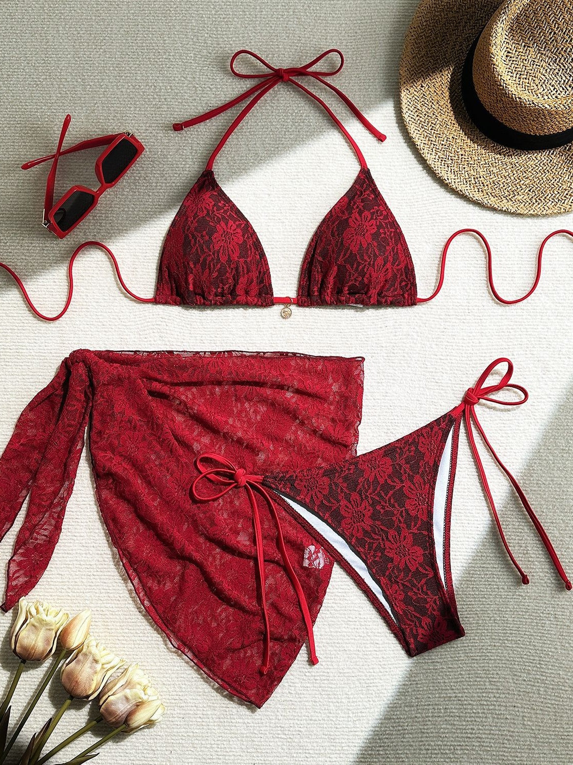 Lace Mesh Mini Skirt Swimsuit Bikini Three-Piece Set