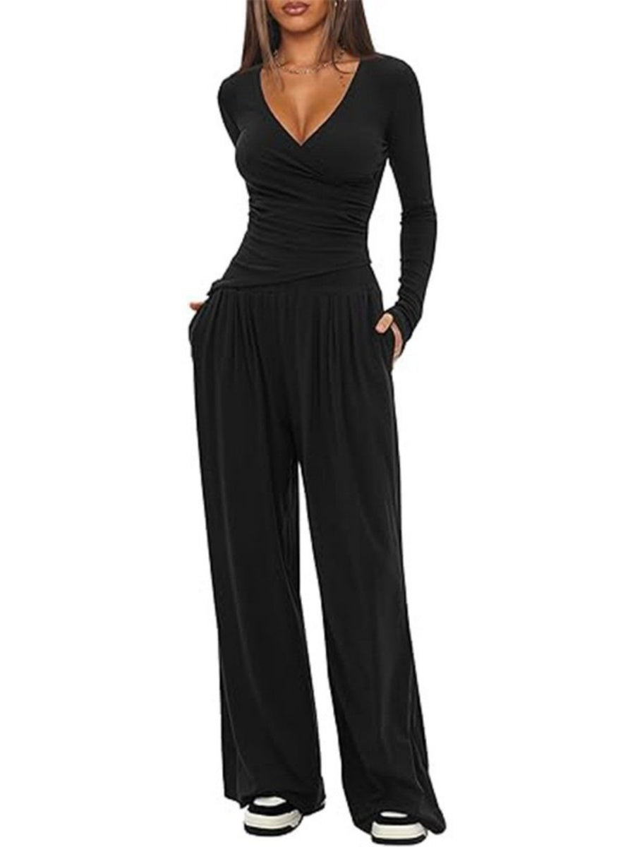Long Sleeve V-neck T-shirt Loose-fit Wide-leg Pants Leisure 2-piece Sets