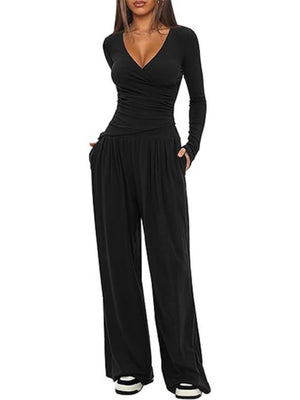 Long Sleeve V-neck T-shirt Loose-fit Wide-leg Pants Leisure 2-piece Sets