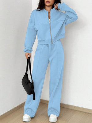 Sports And Leisure Solid Color Crew Neck Zipper 2-piece Sets