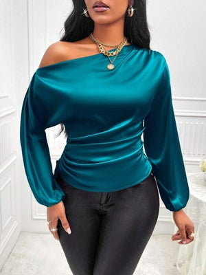 Satin Drawstring Asymmetrical Long-sleeved Slanted Neck T-shirt