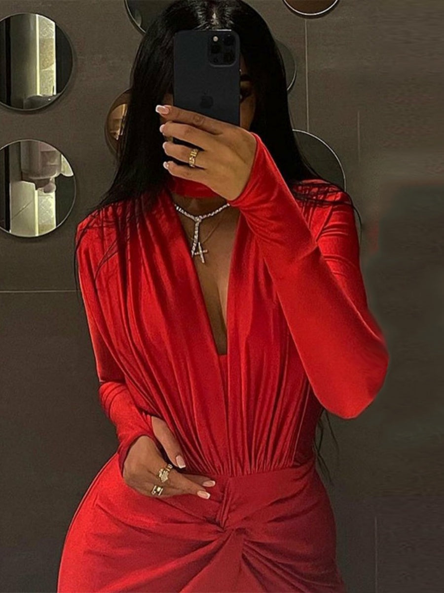 V-neck Slim Fit Pleated Decoration Base Layer Splicing Long-sleeved Bodysuit