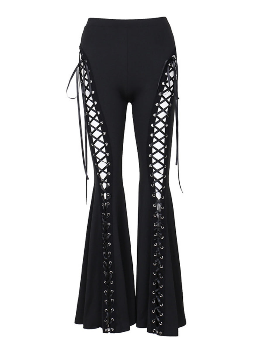 Metal Bandage Hollow Black Slightly Flared Pants