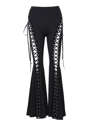 Metal Bandage Hollow Black Slightly Flared Pants