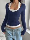 Faux Two-piece U-neck Halter Neck Long-sleeved T-shirt
