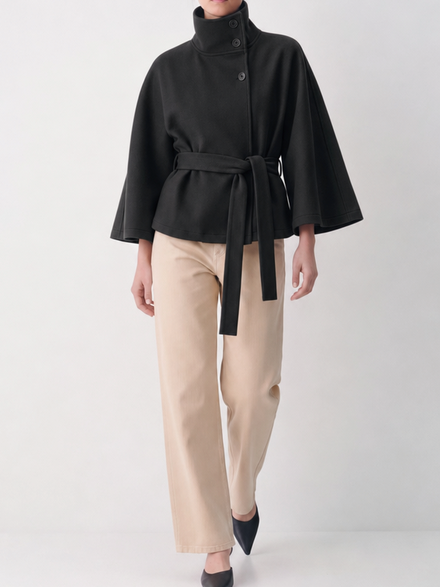 Stand Collar Large Sleeves Buttons Straps Solid Color Coats