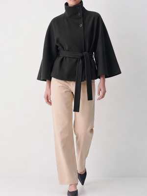 Stand Collar Large Sleeves Buttons Straps Solid Color Coats