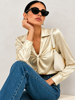 Solid Color Satin Pleated Long Sleeve Blouse&Shirts