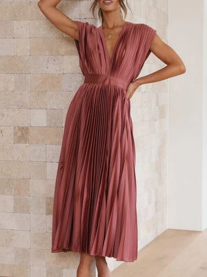 Solid Color V-neck Sleeveless Midi Dresses