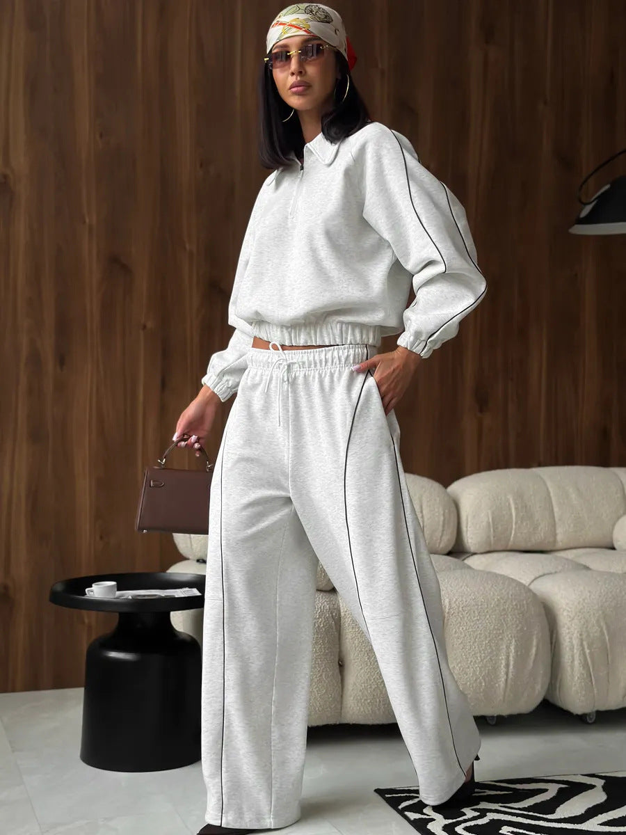 American Retro Color-blocked Striped Tracksuit For Women Two-piece Set: Collared Half-zip Sweatshirt And High-waisted Wide-leg Sweatpants