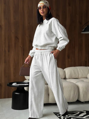 American Retro Color-blocked Striped Tracksuit For Women Two-piece Set: Collared Half-zip Sweatshirt And High-waisted Wide-leg Sweatpants