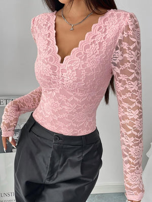 Lace Long Sleeve Perspective Slim Fit Bodysuit
