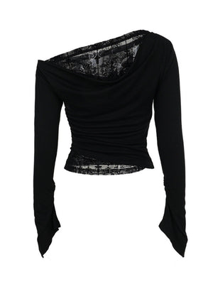 Embossing Slightly Transparent Jacquard Black One Shoulder T-shirts