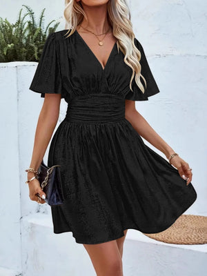V-neck With Ruffled Sleeves Metallic Color Mini&Short Dresses