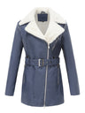 Long Sleeve Plush Lapel Double-ended Zipper With Belt Keep Warm Leather Jacket