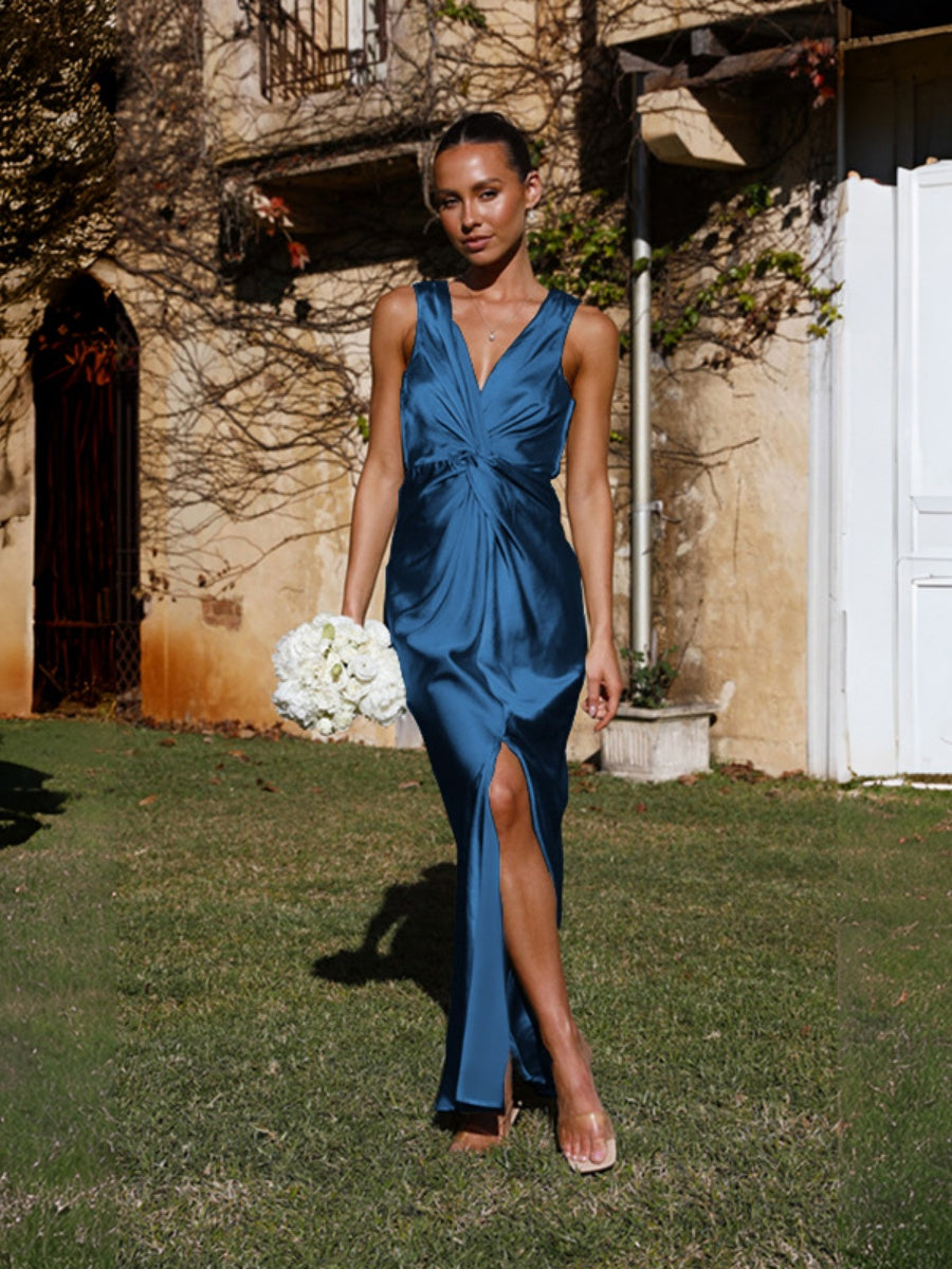 Satin Deep V Sleeveless Backless Long Dress