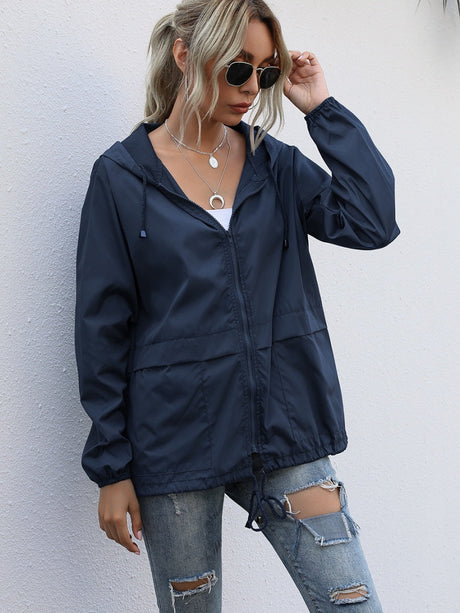 Hooded Zipper Outdoor Raincoat Coat Loose Windproof Long-sleeved Trench Coat