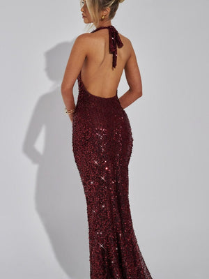 Sequined Deep V Halter Neck Bodycon Dress With Slightly Revealing Back