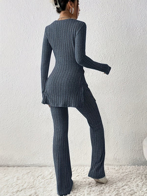 Leisure Long Sleeve Crew Neck Slit Pure Color 2-piece Sets