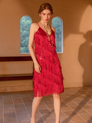 Black Sequins Tassel Spaghetti Strap Midi Dress