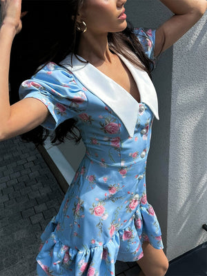 Waist Printed Floral Lapel Puff Sleeve Sweet Mini&Short Dresses