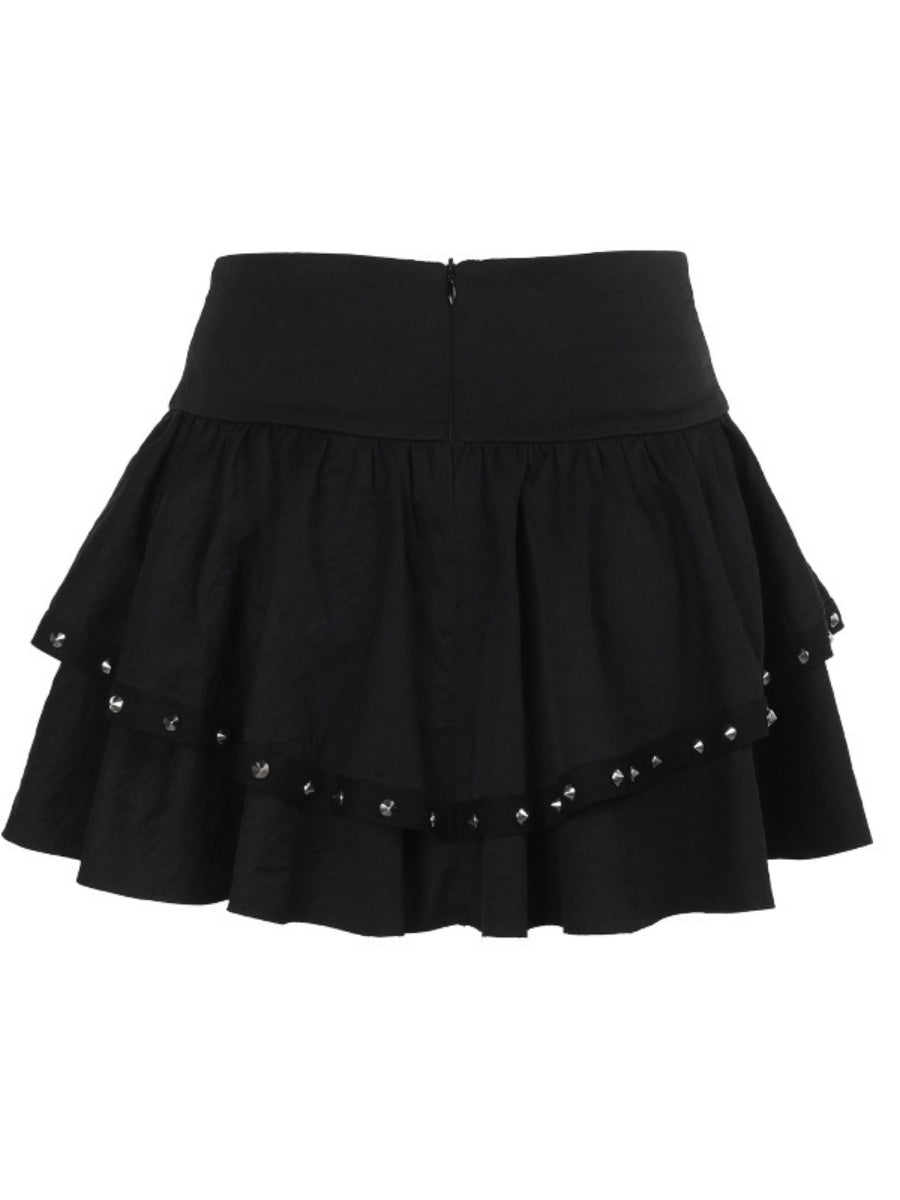 Bandage Metal Double Layer Black Waist Skirts