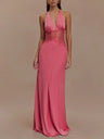 Deep V-neck Silk Satin Maxi Dress With Halter Neck And Cinched Waist
