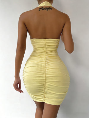 Deep V-neck Pleated Hip-hugging Backless Parties Mini&Short Dresses
