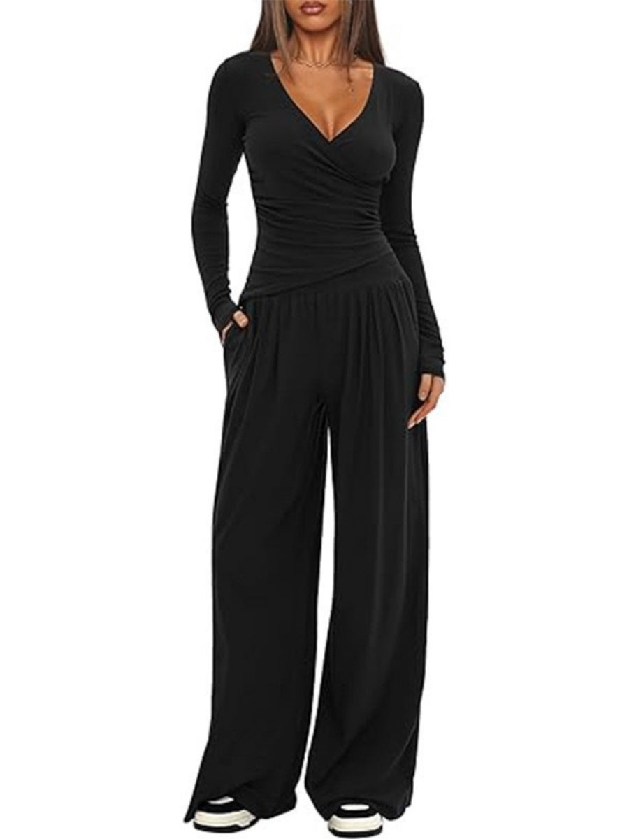 Long Sleeve V-neck T-shirt Loose-fit Wide-leg Pants Leisure 2-piece Sets