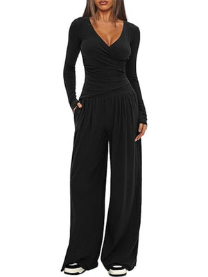 Long Sleeve V-neck T-shirt Loose-fit Wide-leg Pants Leisure 2-piece Sets