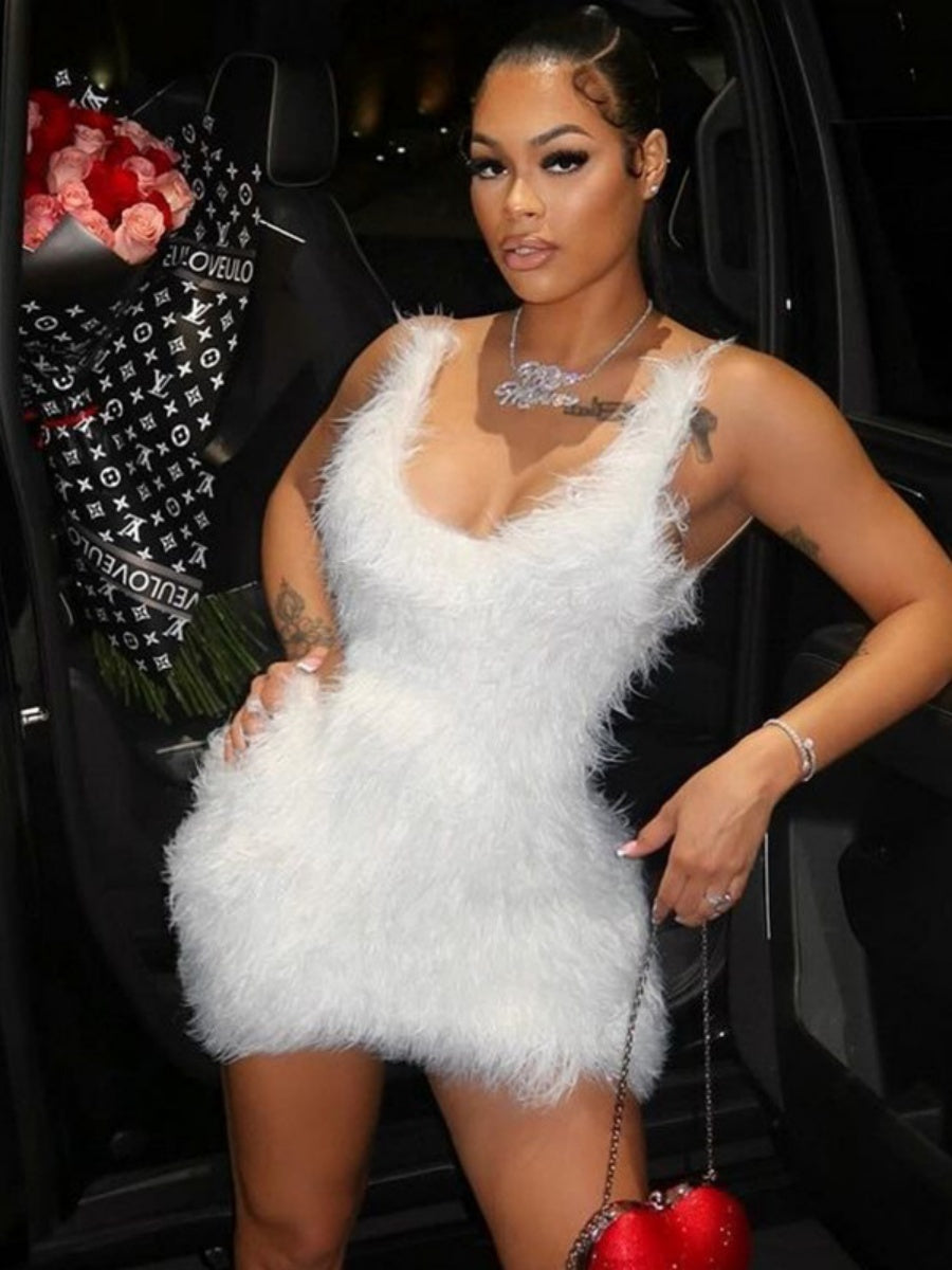 White Sexy Open Back Zipper Furry Halter Bodycon Dress