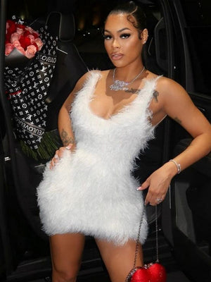 White Sexy Open Back Zipper Furry Halter Bodycon Dress